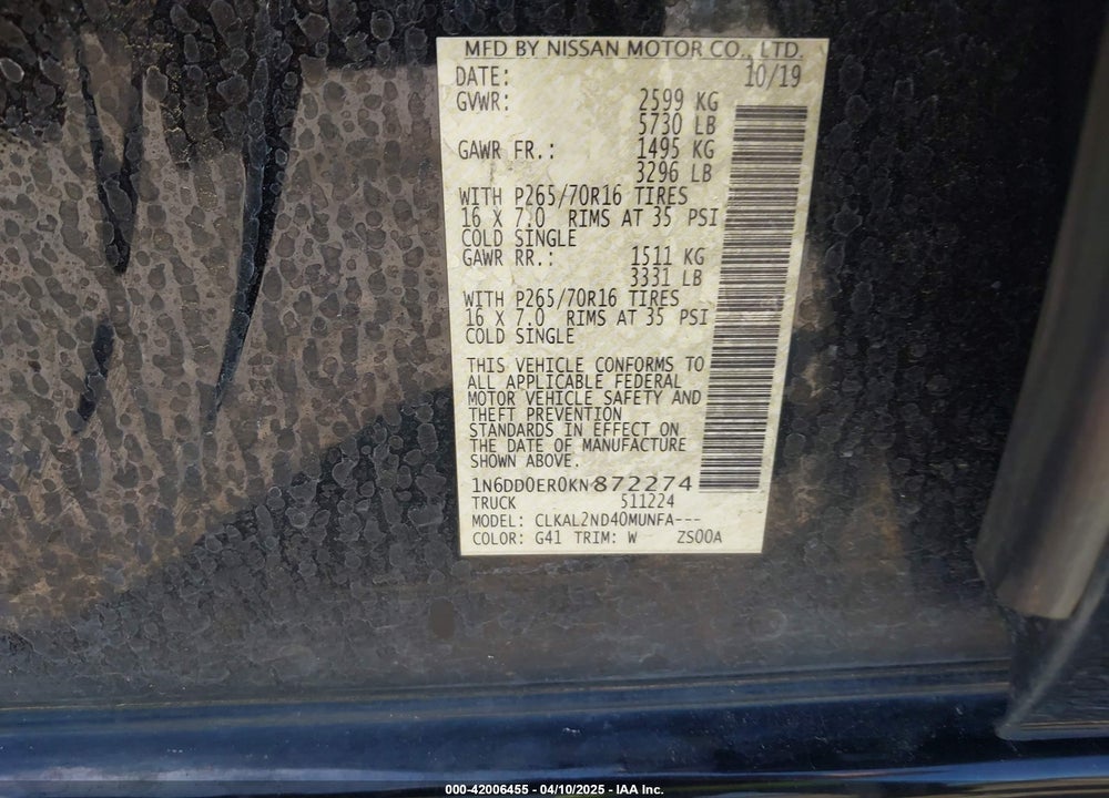2019 NISSAN FRONTIER VIN: 1N6DD0ER0KN872274