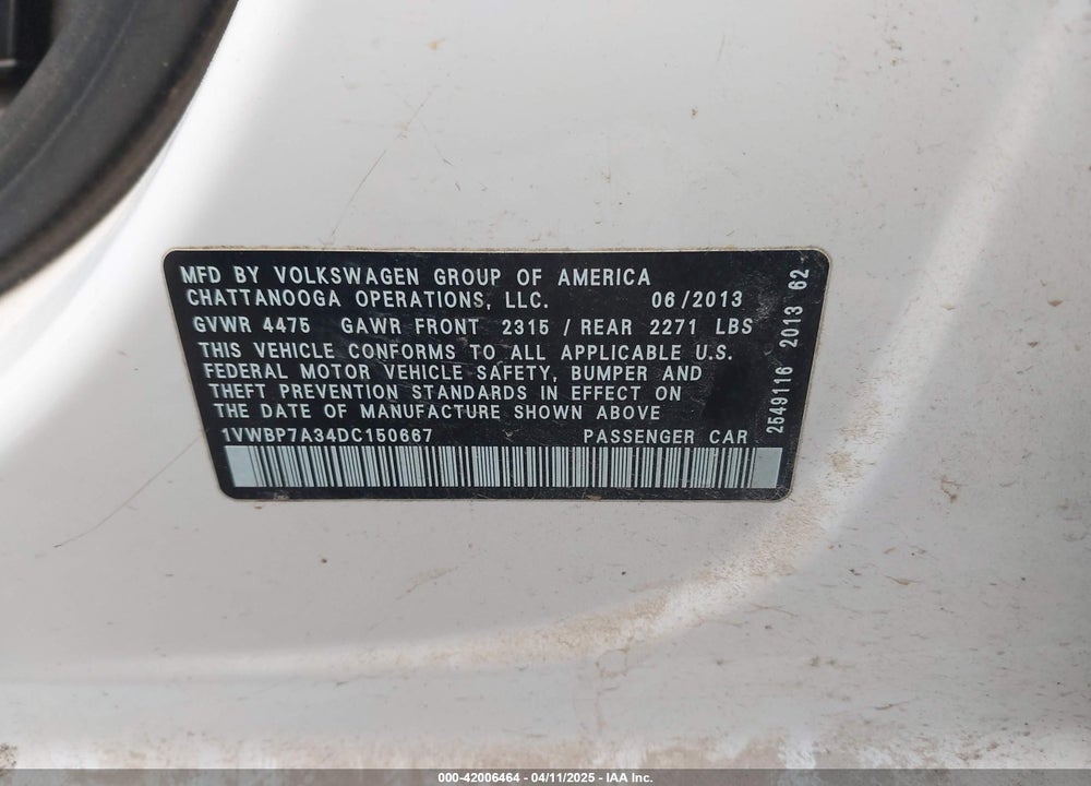 2013 VOLKSWAGEN PASSAT 2.5L SE VIN: 1VWBP7A34DC150667