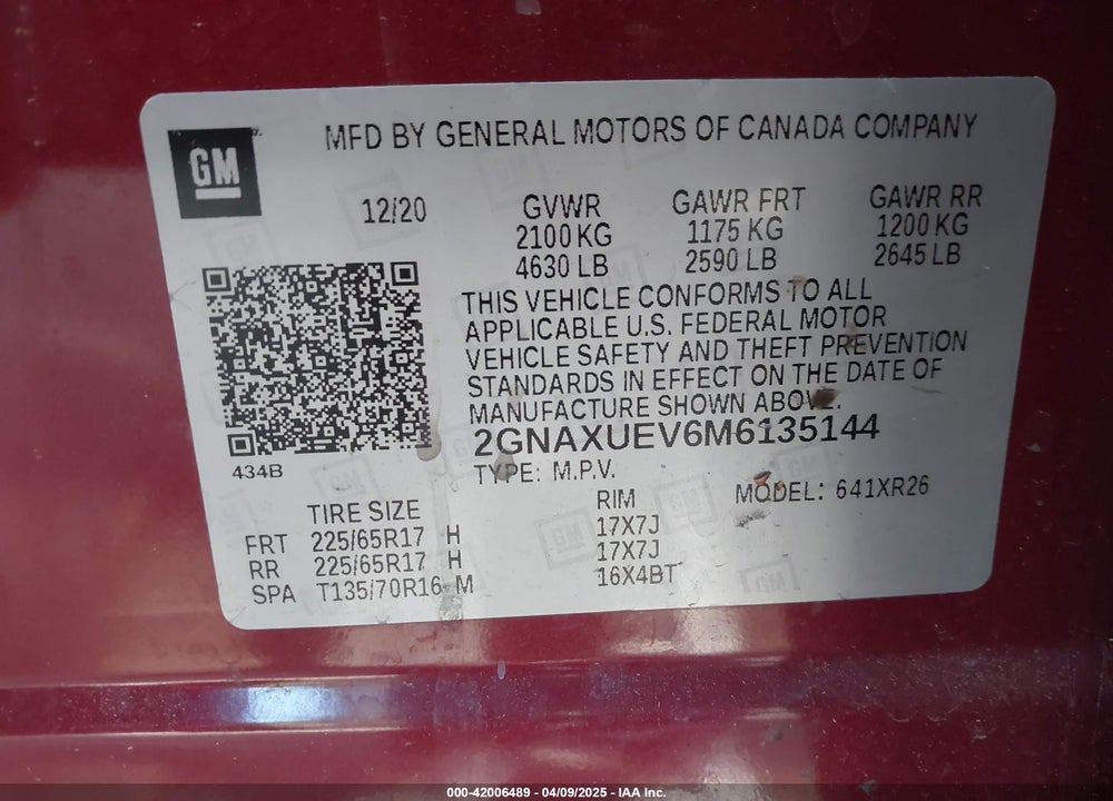 2021 CHEVROLET EQUINOX VIN: 2GNAXUEV6M6135144