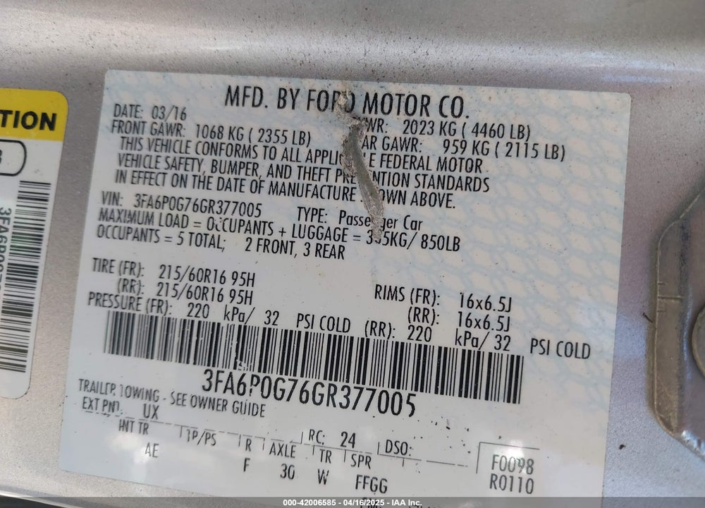 2016 FORD FUSION VIN: 3FA6P0G76GR377005