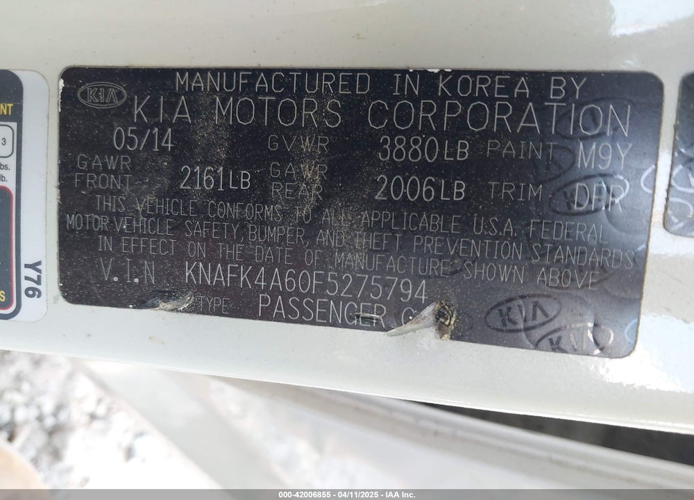 2015 KIA FORTE VIN: KNAFK4A60F5275794