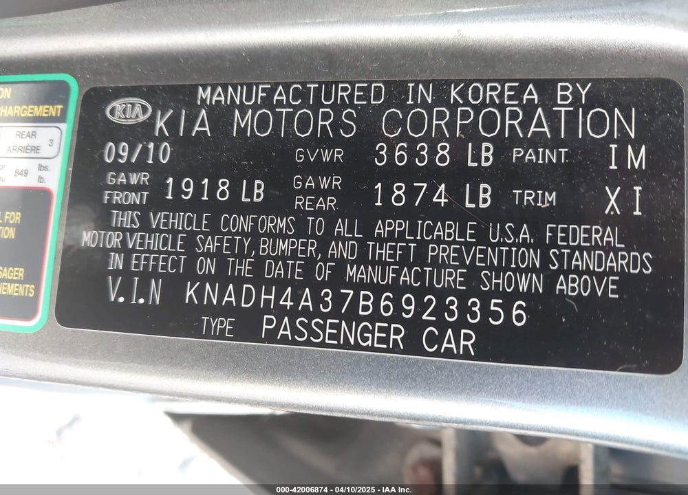 2011 KIA RIO VIN: KNADH4A37B6923356