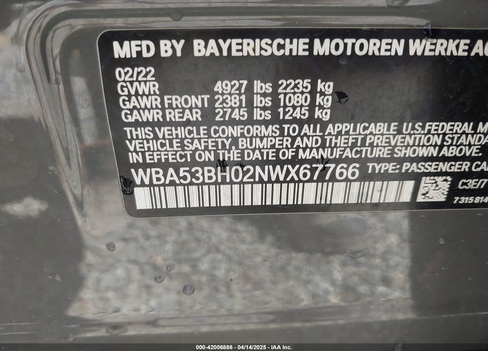 2022 BMW 530 I VIN: WBA53BH02NWX67766