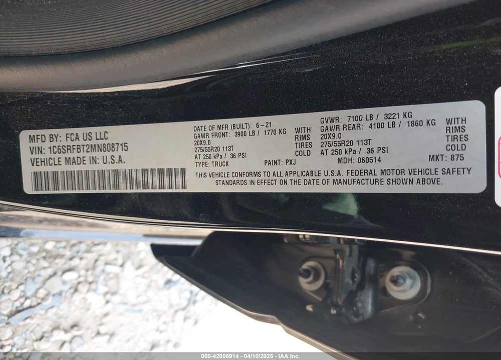 2021 RAM 1500 VIN: 1C6SRFBT2MN808715