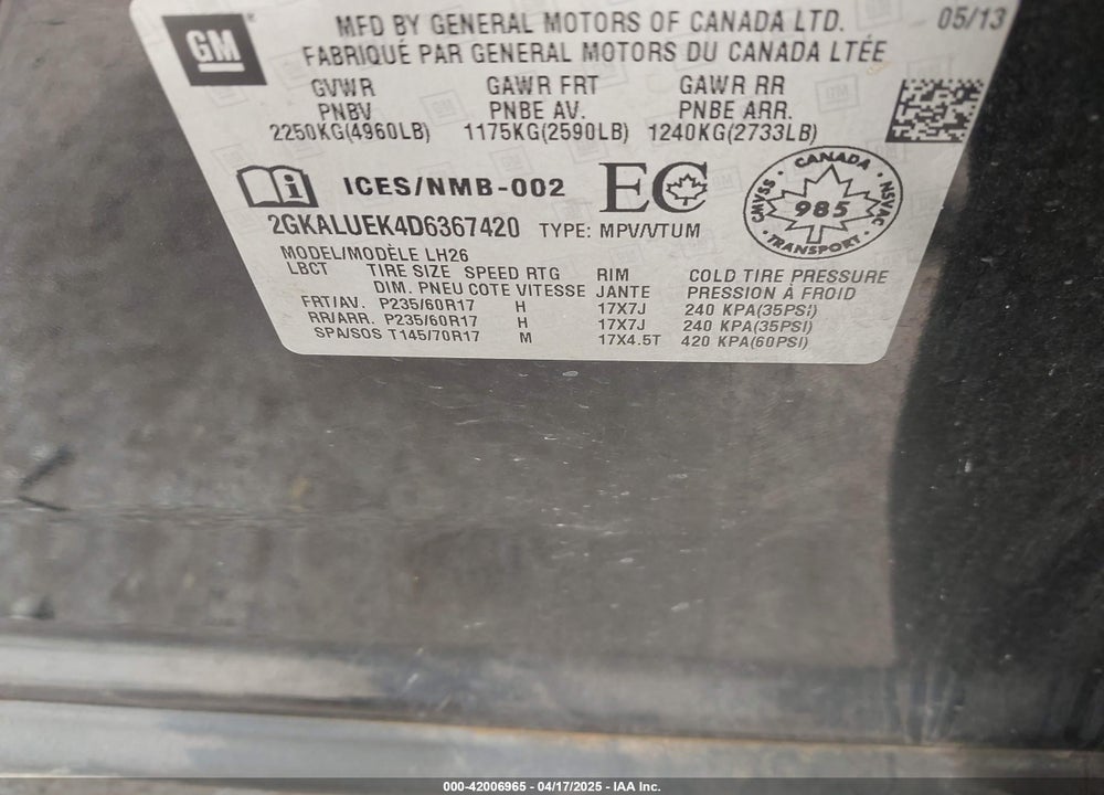 2013 GMC TERRAIN VIN: 2GKALUEK4D6367420