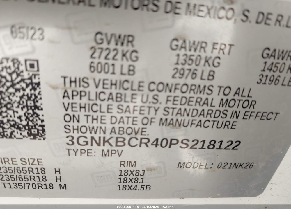 2023 CHEVROLET BLAZER VIN: 3GNKBCR40PS218122