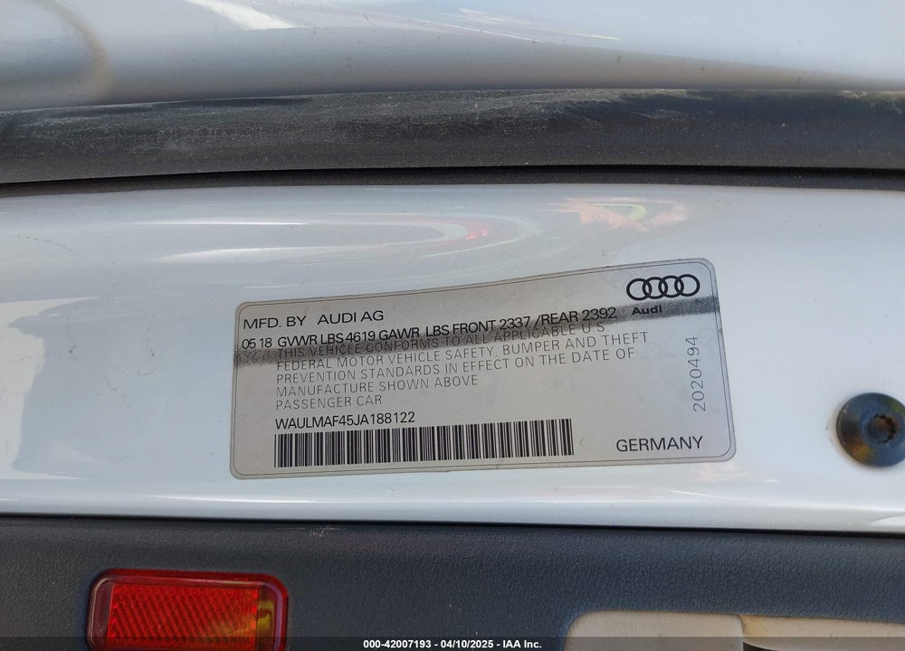 2018 AUDI A4 2.0T TECH ULTRA PREMIUM/2.0T ULTRA PREMIUM VIN: WAULMAF45JA188122
