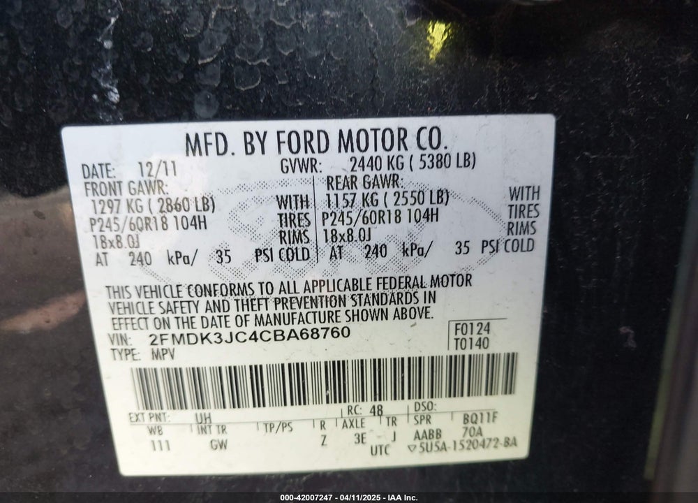 2012 FORD EDGE SEL VIN: 2FMDK3JC4CBA68760
