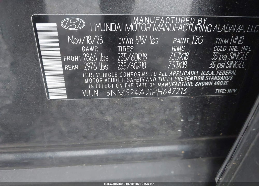 2023 HYUNDAI SANTA FE VIN: 5NMS24AJ1PH647213