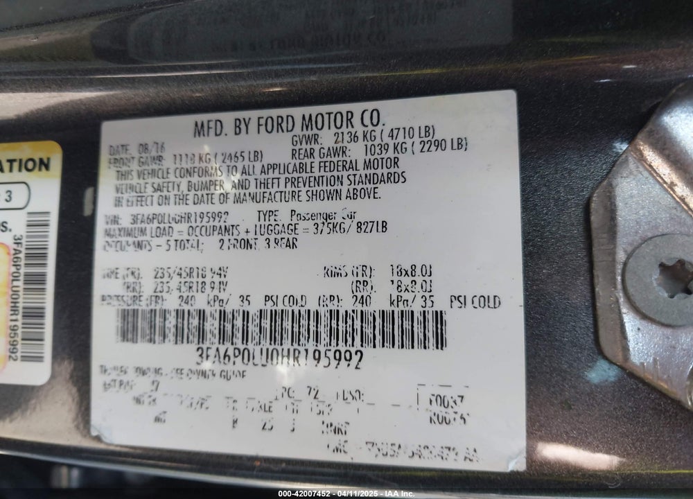2017 FORD FUSION HYBRID VIN: 3FA6P0LU0HR195992