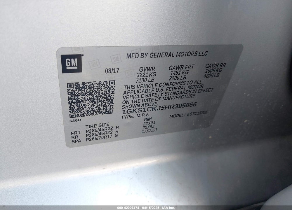 2017 GMC YUKON DENALI VIN: 1GKS1CKJ5HR395866