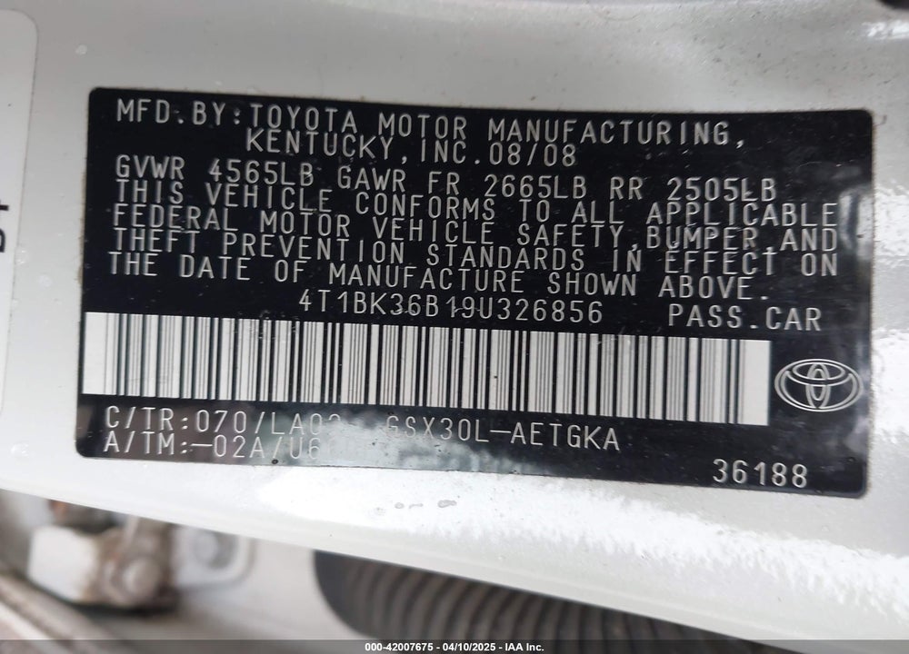 2009 TOYOTA AVALON VIN: 4T1BK36B19U326856
