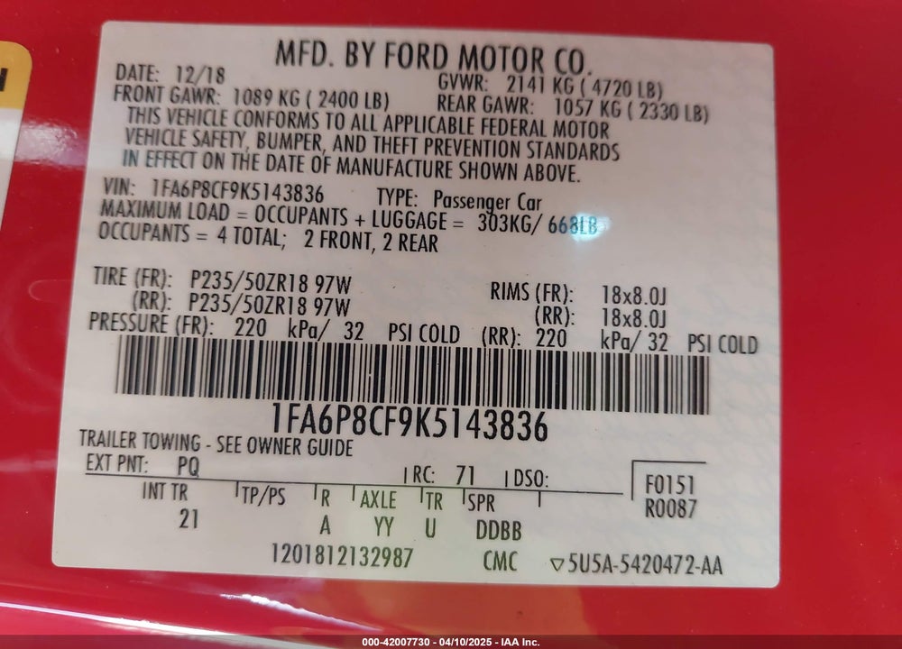 2019 FORD MUSTANG VIN: 1FA6P8CF9K5143836