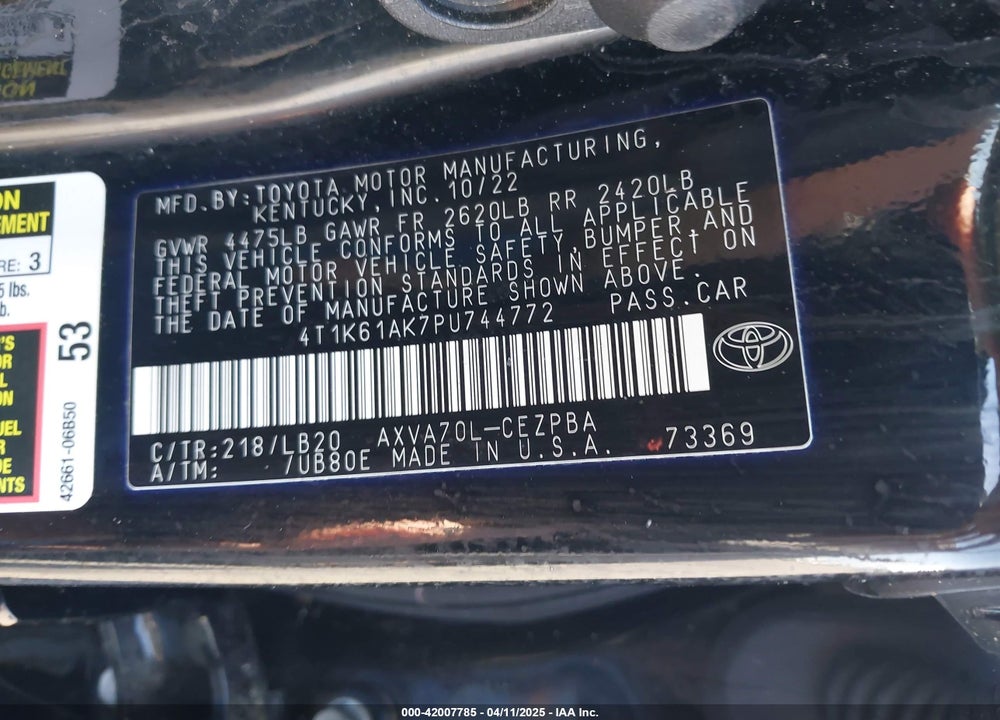 2023 TOYOTA CAMRY XSE VIN: 4T1K61AK7PU744772