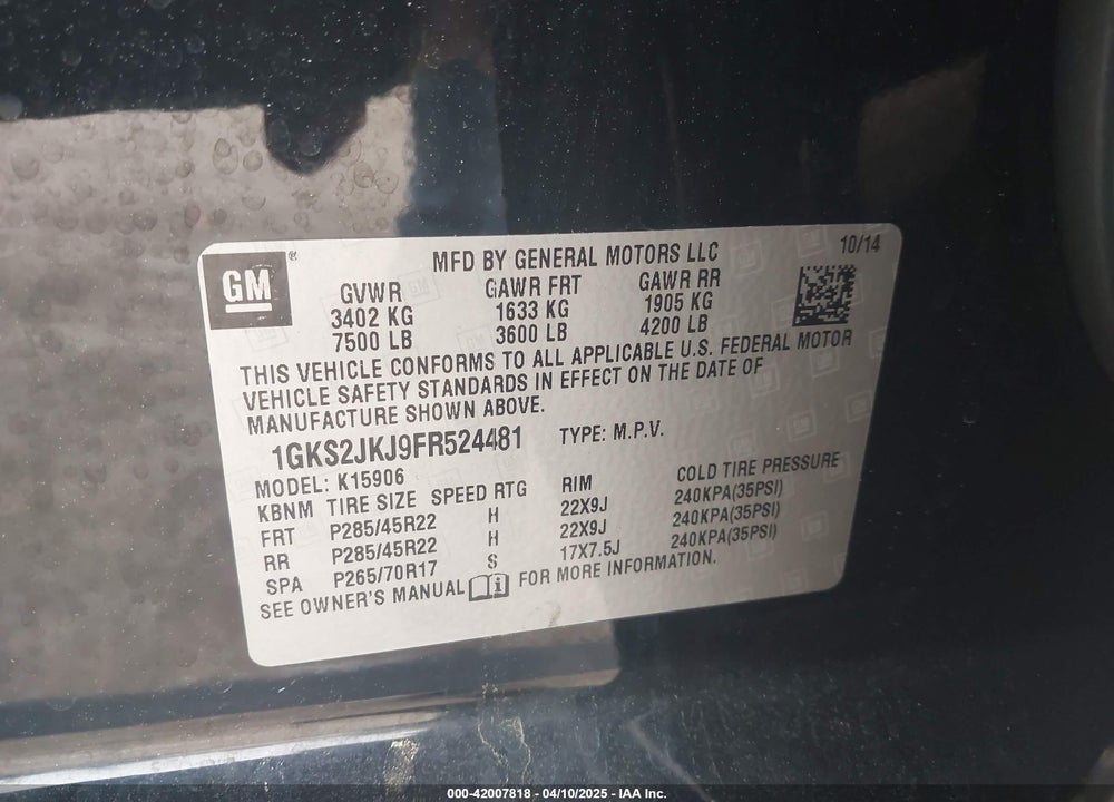 2015 GMC YUKON XL 1500 VIN: 1GKS2JKJ9FR524481