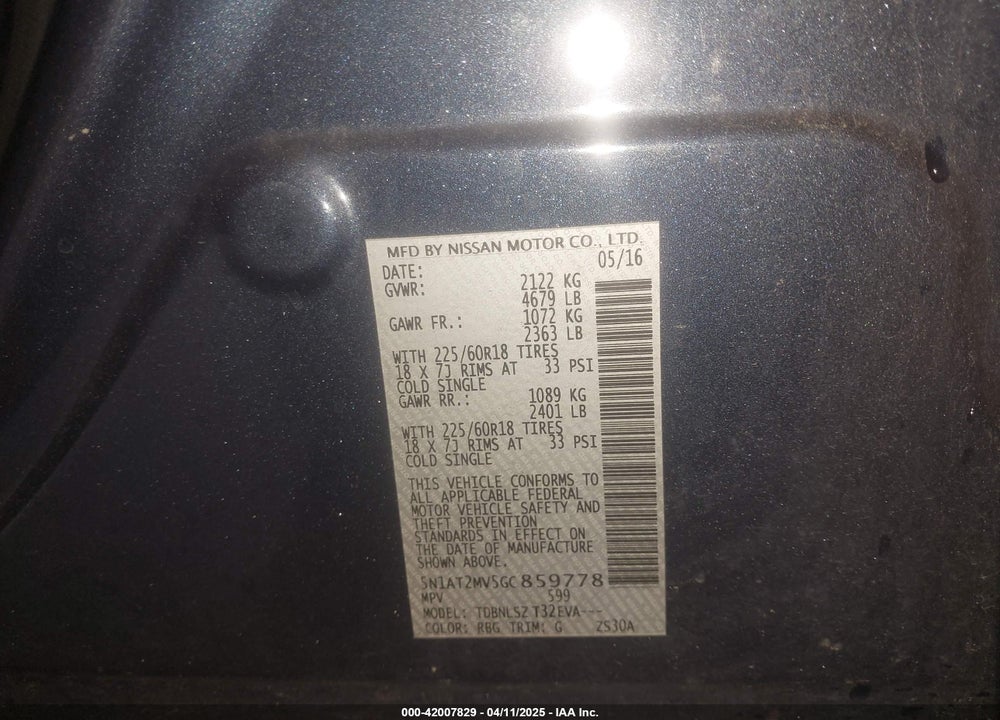 2016 NISSAN ROGUE SL VIN: 5N1AT2MV5GC859778