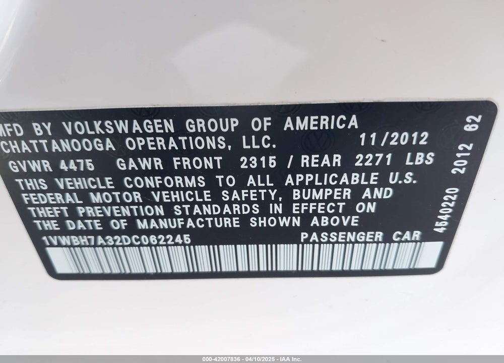 2013 VOLKSWAGEN PASSAT VIN: 1VWBH7A32DC062245