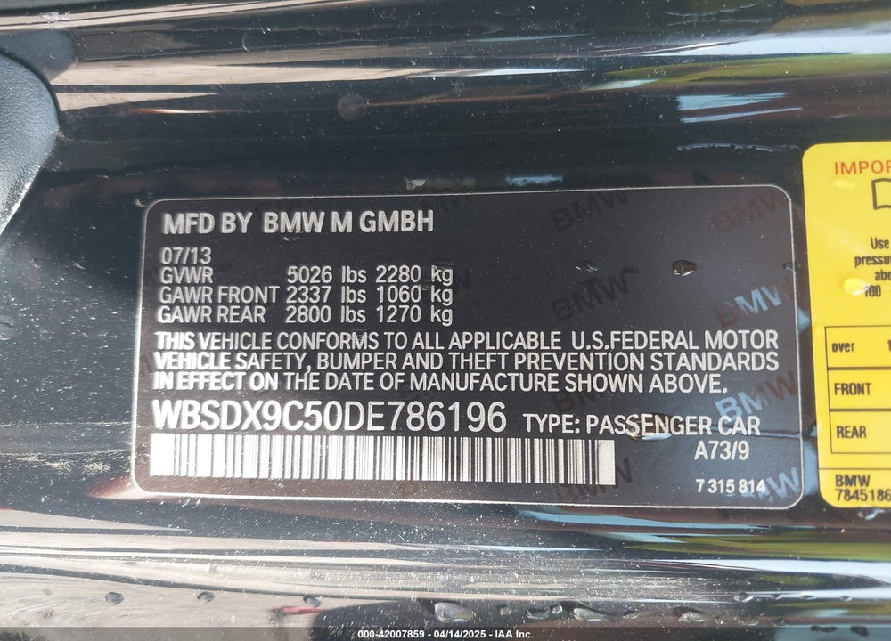 2013 BMW M3 VIN: WBSDX9C50DE786196