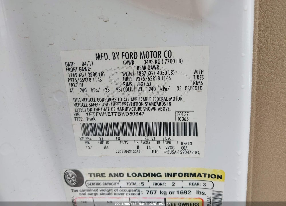 2011 FORD F-150 VIN: 1FTFW1ET7BKD50847