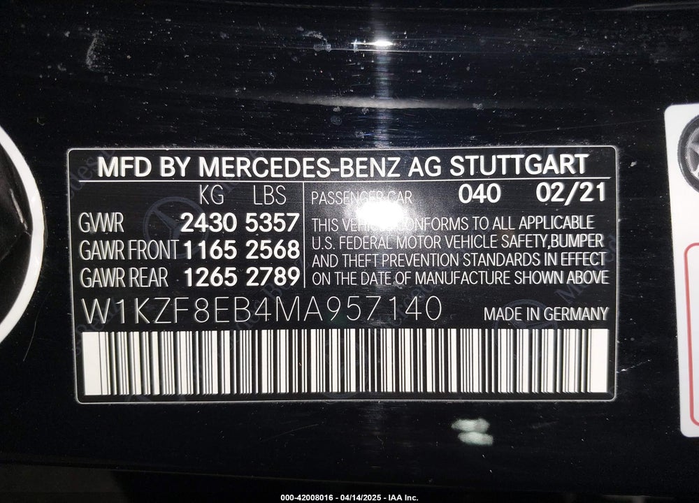 2021 MERCEDES-BENZ E 350 VIN: W1KZF8EB4MA957140