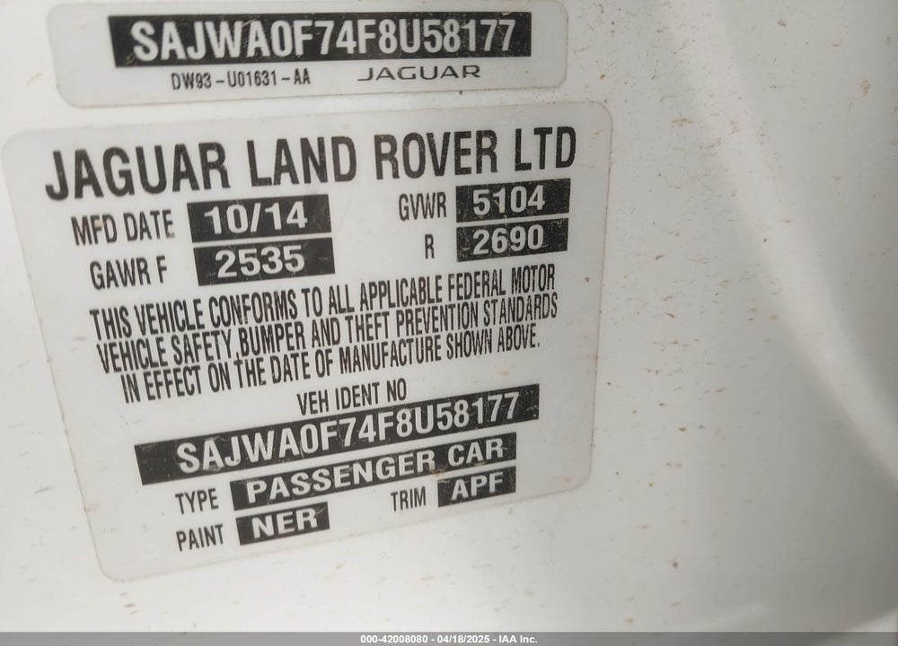 2015 JAGUAR XF 3.0 PORTFOLIO/3.0 SPORT VIN: SAJWA0F74F8U58177
