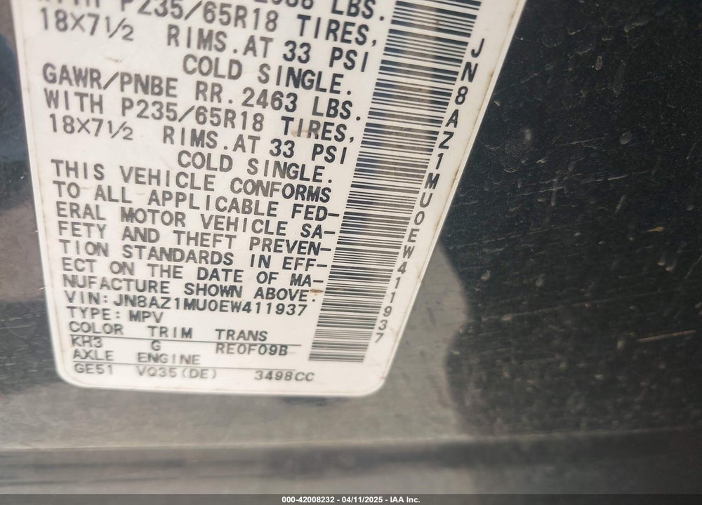 2014 NISSAN MURANO VIN: JN8AZ1MU0EW411937