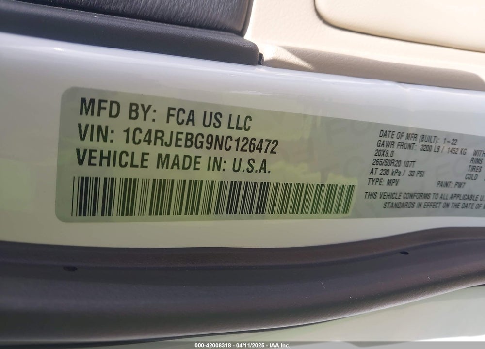 2022 JEEP GRAND CHEROKEE WK LIMITED 4X2 VIN: 1C4RJEBG9NC126472