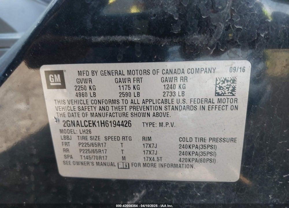 2017 CHEVROLET EQUINOX VIN: 2GNALCEK1H6194426