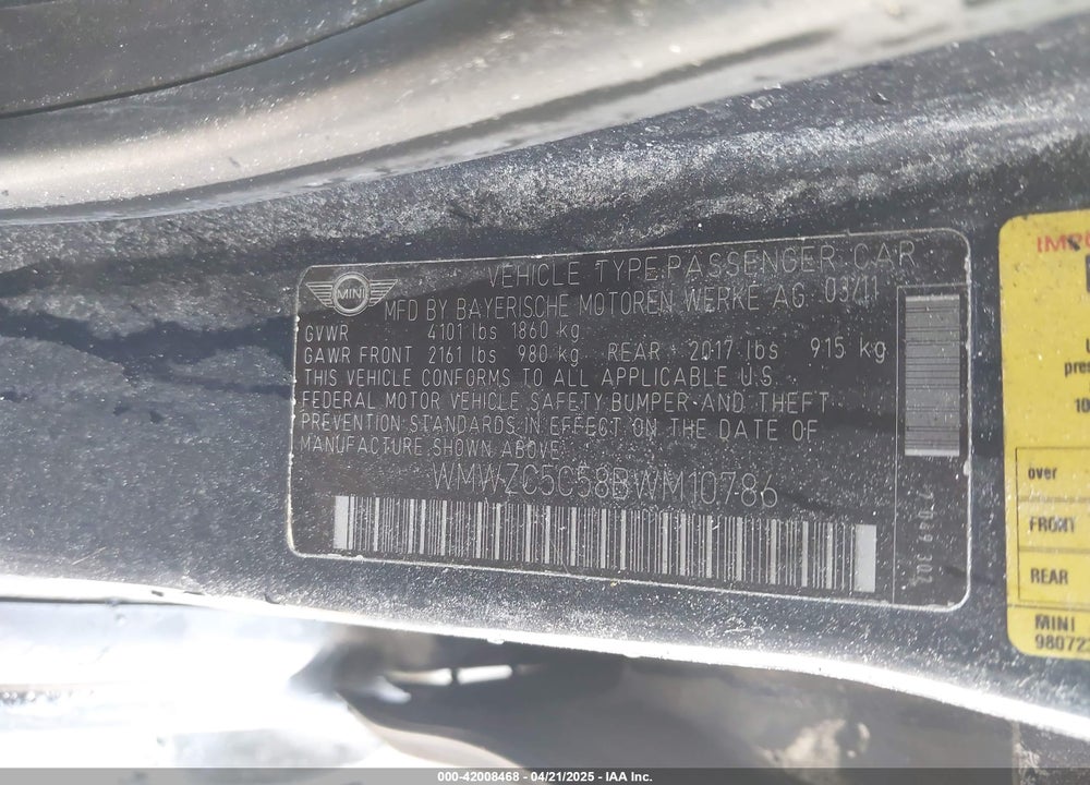 2011 MINI COOPER S COUNTRYMAN VIN: WMWZC5C58BWM10786