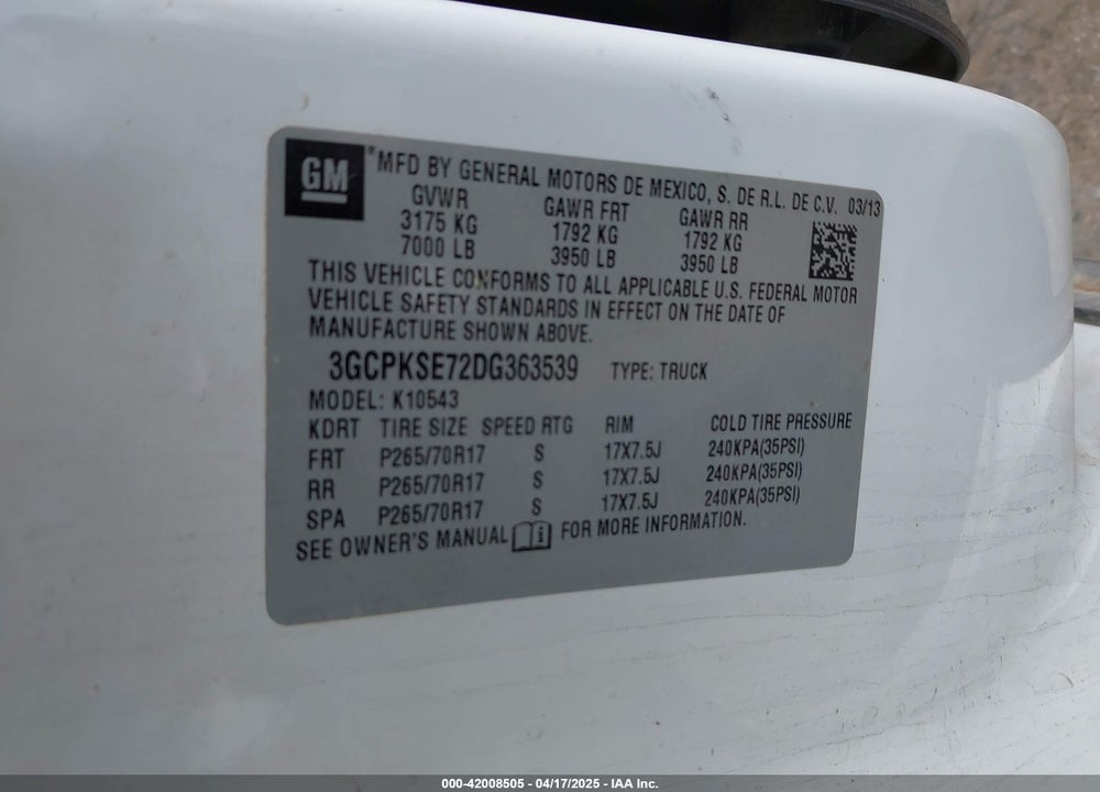2013 CHEVROLET SILVERADO 1500 VIN: 3GCPKSE72DG363539