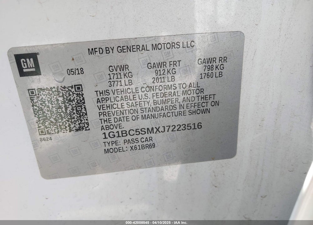 2018 CHEVROLET CRUZE VIN: 1G1BC5SMXJ7223516