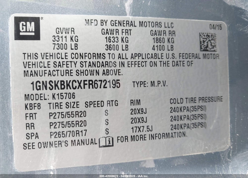 2015 CHEVROLET TAHOE VIN: 1GNSKBKCXFR672195