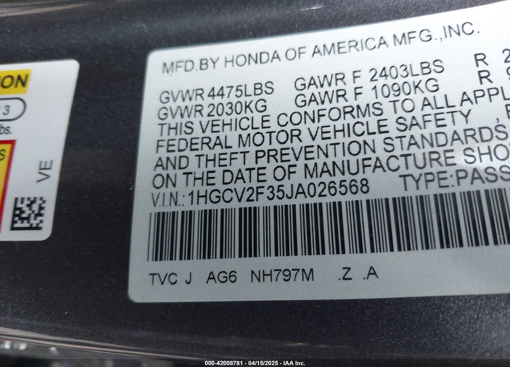 2018 HONDA ACCORD SPORT 2.0T VIN: 1HGCV2F35JA026568