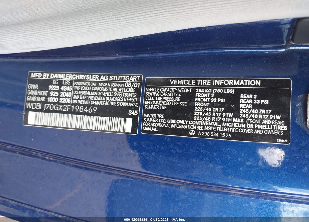 2002 MERCEDES-BENZ CLK 430 VIN: WDBLJ70GX2F198469