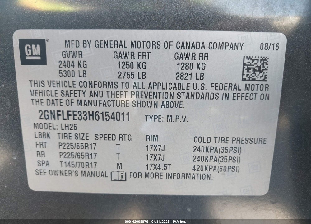 2017 CHEVROLET EQUINOX VIN: 2GNFLFE33H6154011