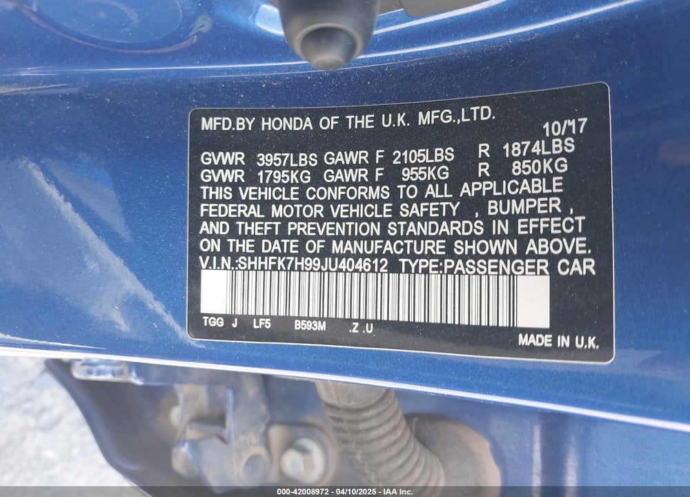 2018 HONDA CIVIC VIN: SHHFK7H99JU404612