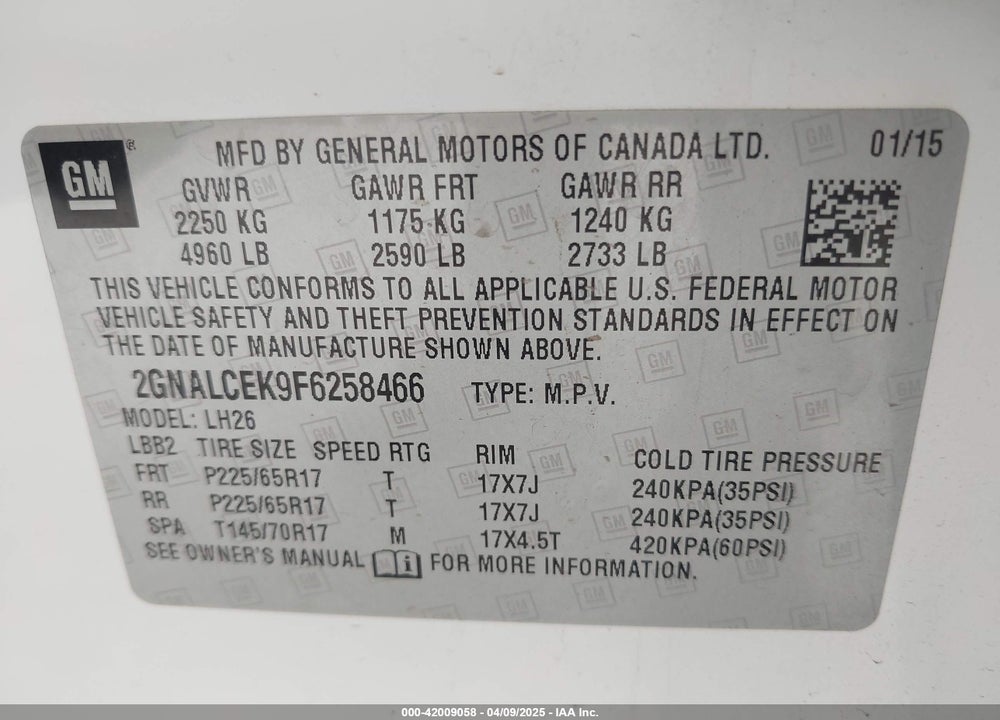 2015 CHEVROLET EQUINOX VIN: 2GNALCEK9F6258466