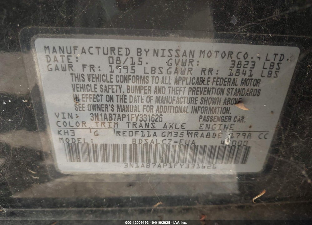 2015 NISSAN SENTRA S VIN: 3N1AB7AP1FY331626