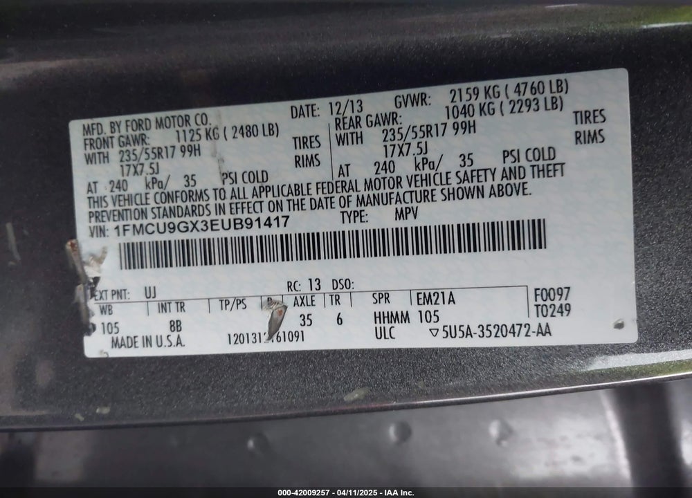 2014 FORD ESCAPE VIN: 1FMCU9GX3EUB91417