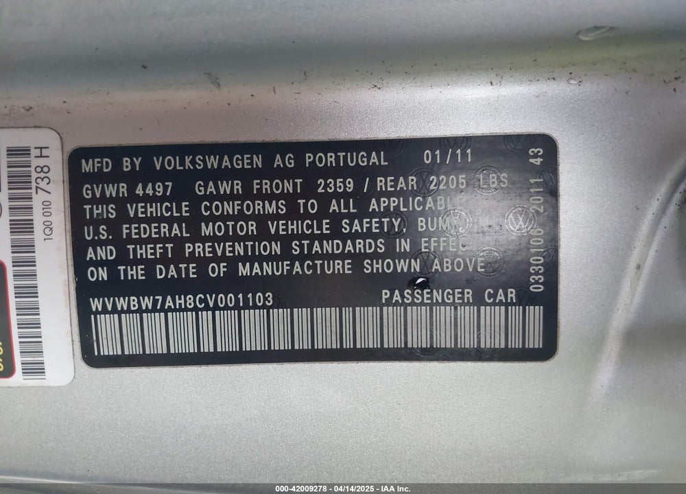 2012 VOLKSWAGEN EOS VIN: WVWBW7AH8CV001103