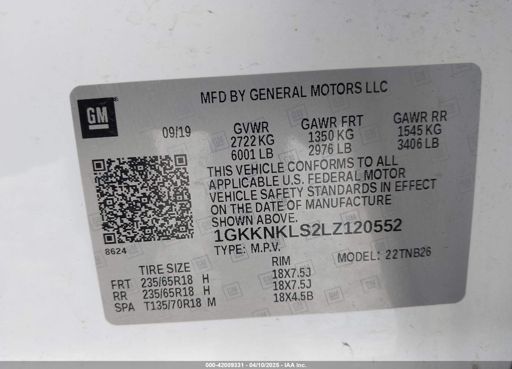 2020 GMC ACADIA VIN: 1GKKNKLS2LZ120552