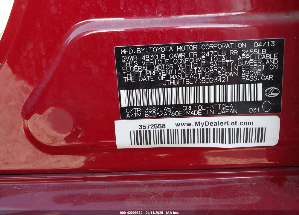 2013 LEXUS GS 350 VIN: JTHBE1BL7D5023421