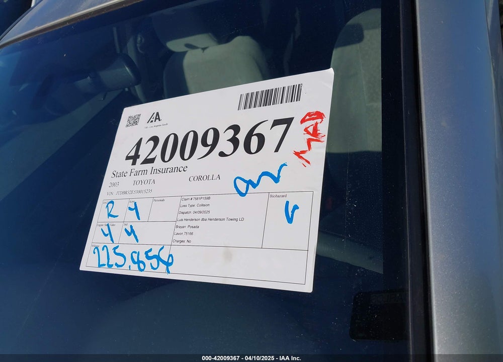 2003 TOYOTA COROLLA CE VIN: JTDBR32E530015235