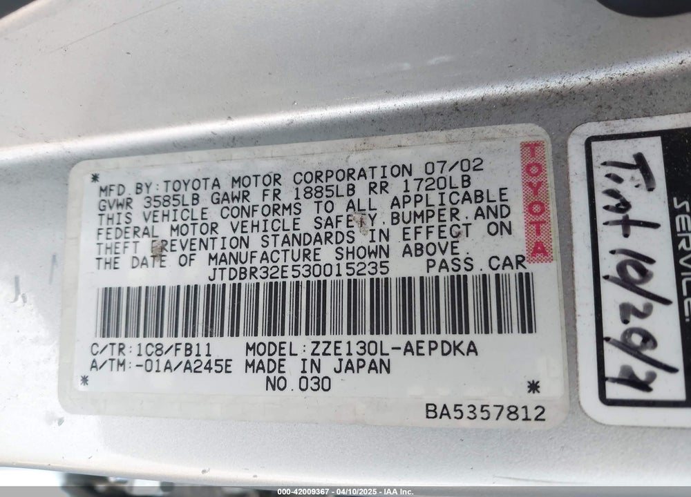 2003 TOYOTA COROLLA CE VIN: JTDBR32E530015235