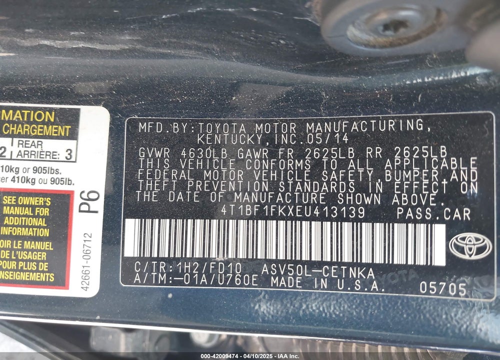 2014 TOYOTA CAMRY LE VIN: 4T1BF1FKXEU413139