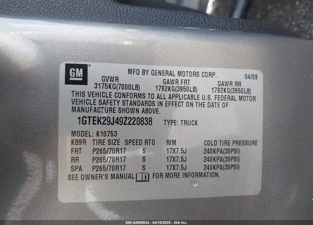 2009 GMC SIERRA 1500 SLE VIN: 1GTEK29J49Z220838