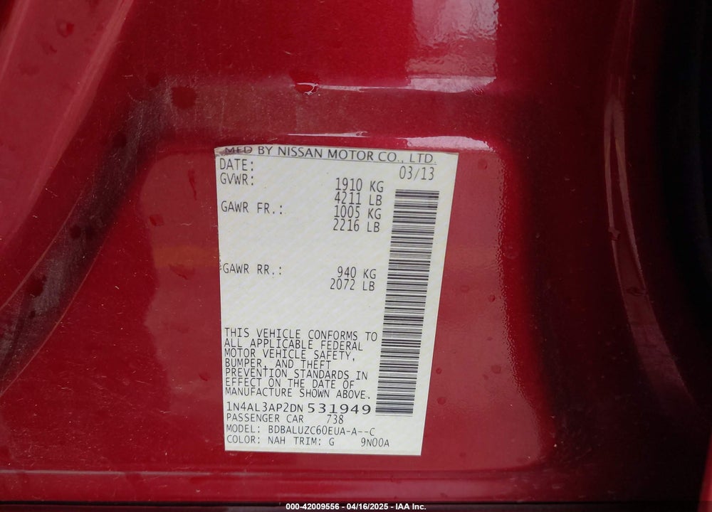 2013 NISSAN ALTIMA VIN: 1N4AL3AP2DN531949