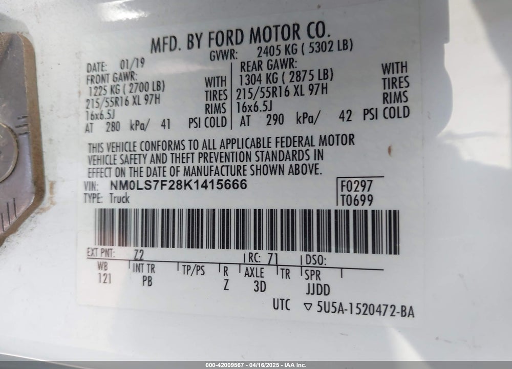 2019 FORD TRANSIT CONNECT XLT VIN: NM0LS7F28K1415666