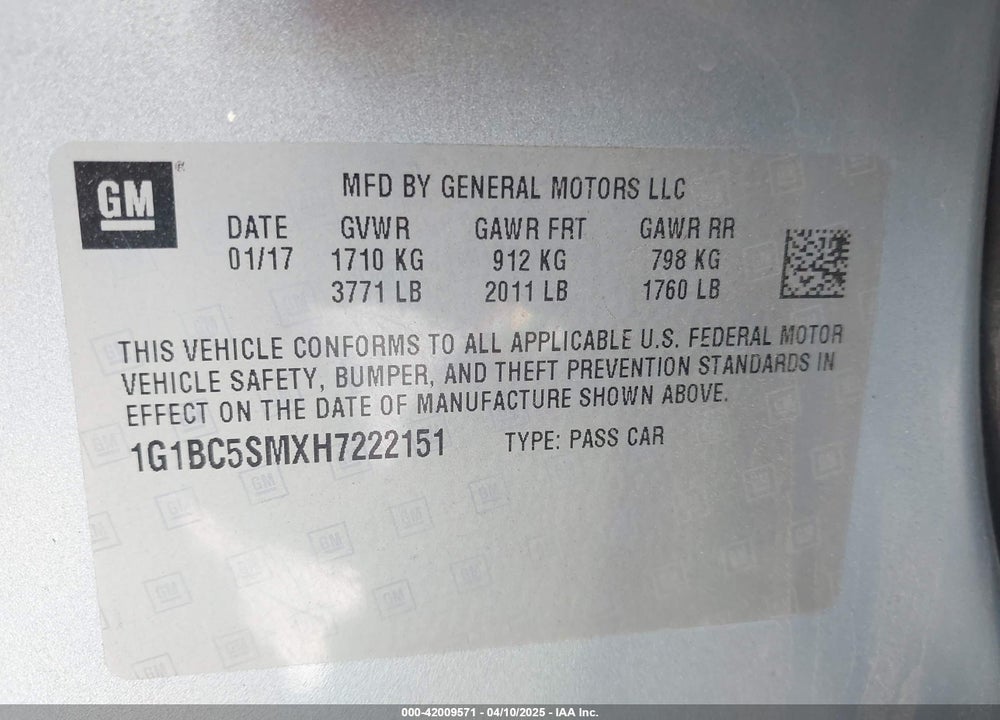 2017 CHEVROLET CRUZE LS AUTO VIN: 1G1BC5SMXH7222151