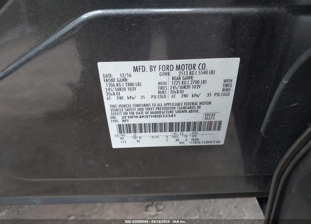 2017 FORD EDGE VIN: 2FMPK4K97HBB33341